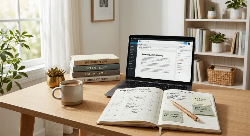 Book blog content planning workspace with books, notebook, and laptop.