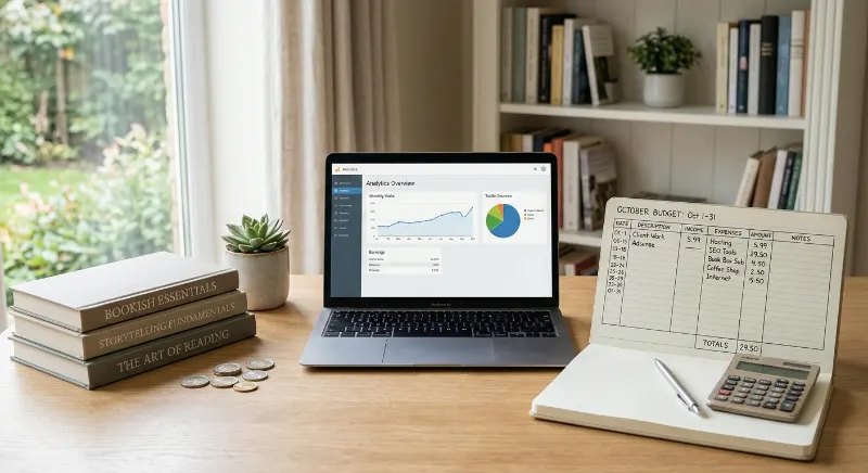 Book blogger reviewing website analytics and planning monthly blog expenses.