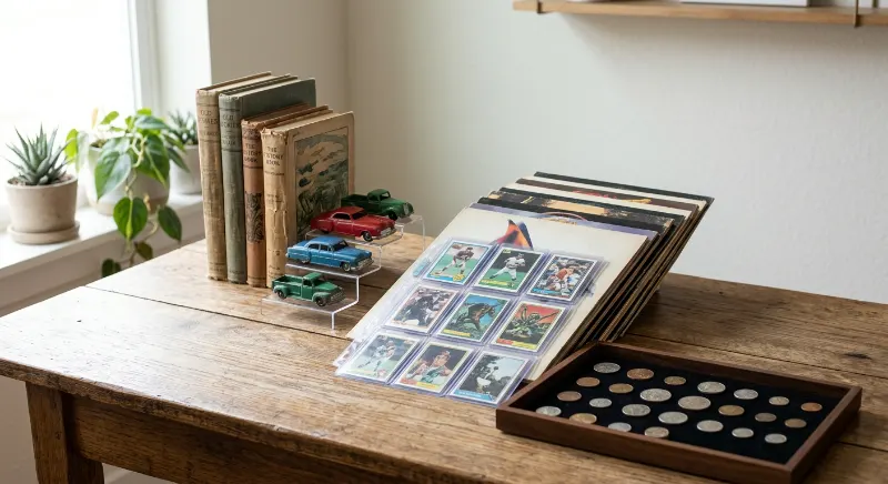 A collection of secondhand books, vintage toys, trading cards, and old records ready to sell online.