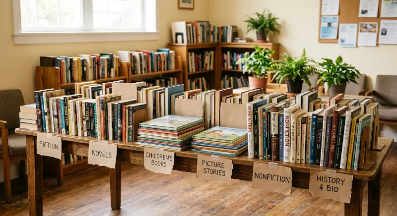 A community book-swap table with neatly arranged used books.