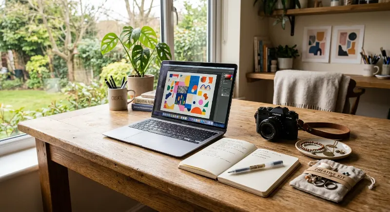 Home workspace with a laptop, graphic design samples, notebook, and camera for freelance work.