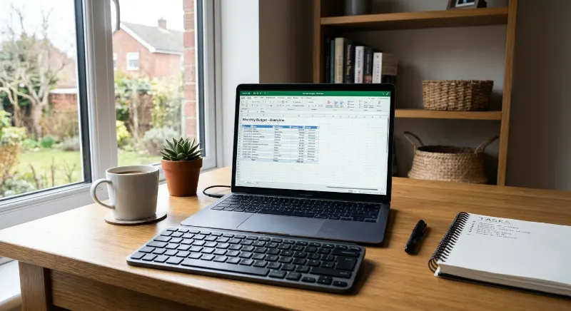 Laptop spreadsheet and keyboard used for online data entry work.
