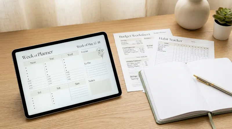 Printable planners, a budget tracker, and digital planning pages displayed on a desk.