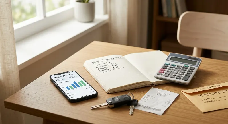 Budget planning for a DoorDash driver tracking earnings, fuel costs, and weekly expenses.