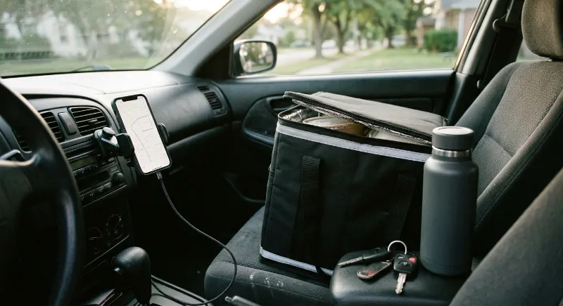 Food delivery equipment including an insulated bag, smartphone, charger, and car keys.