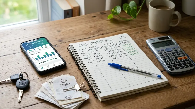 DoorDash delivery earnings and vehicle expenses tracked in a notebook beside a smartphone and car keys.