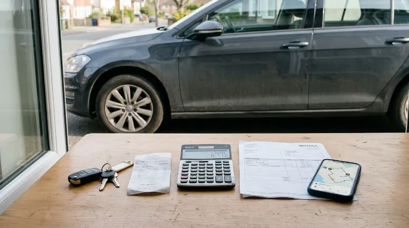Fuel receipt, car keys, calculator, and maintenance invoice illustrating delivery driver expenses.