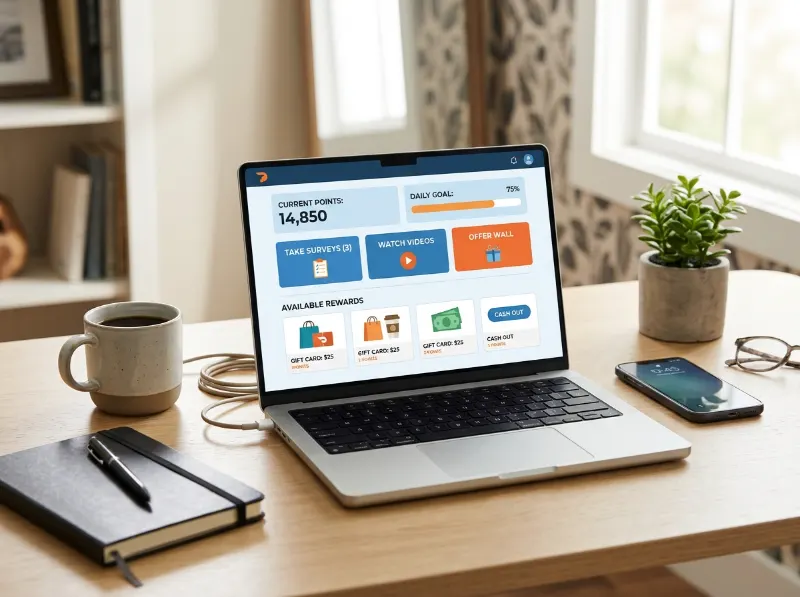 Laptop displaying an online rewards dashboard with points and gift card options.