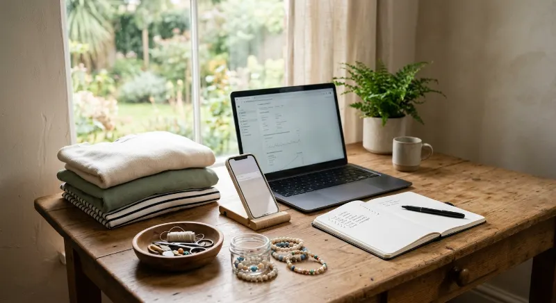 Home workspace with clothing for resale, handmade crafts, and tools for online work.