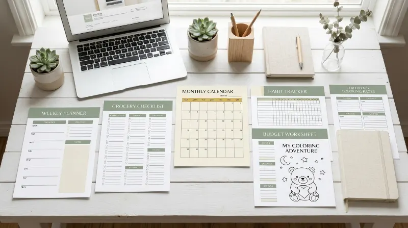 Printable planners, grocery lists, budget worksheets, and coloring pages for a digital Etsy shop.