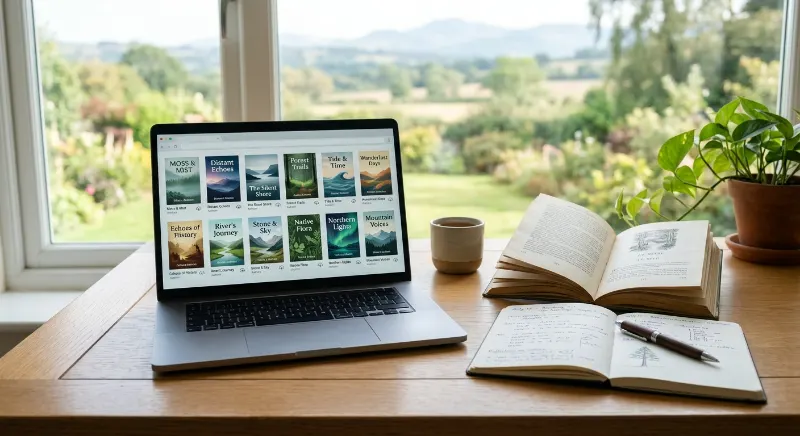 Laptop with a digital book library beside a paperback and notebook.