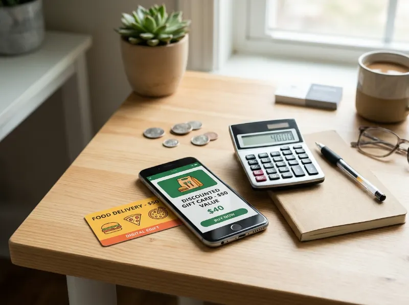 Smartphone and gift card showing ways to find discounted food delivery gift cards