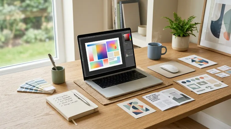 Home workspace with a laptop, digital design samples, color swatches, and a notebook for freelance work.