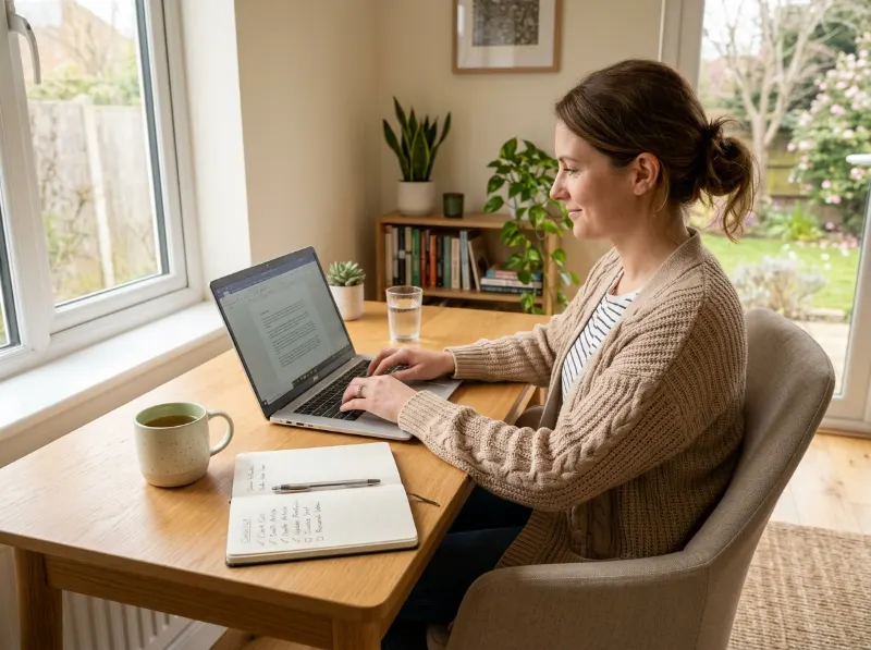 Mom writing a freelance article on a laptop beside a notebook.