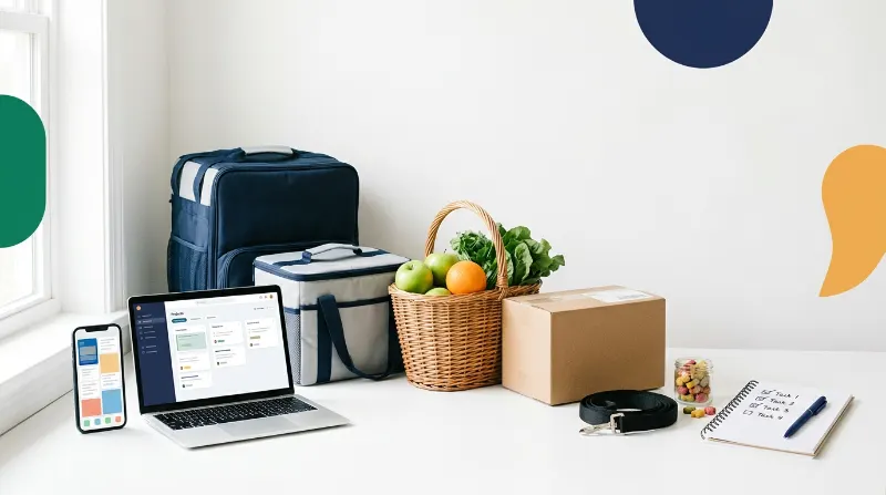 Smartphone, laptop, delivery bag, and other items representing different gig work opportunities.