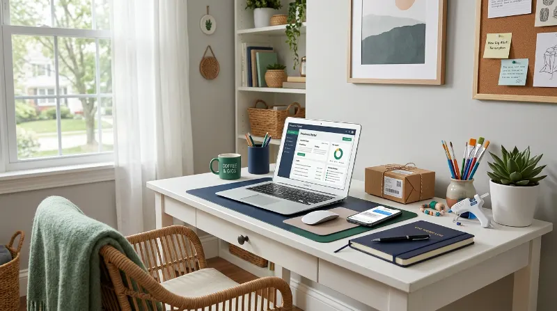 Laptop, smartphone, and notebook arranged on a desk for exploring online gig work.