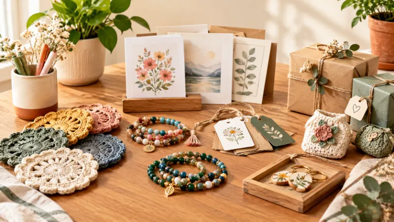 Handmade crochet items, beaded jewelry, greeting cards, and personalized gifts displayed on a craft table.