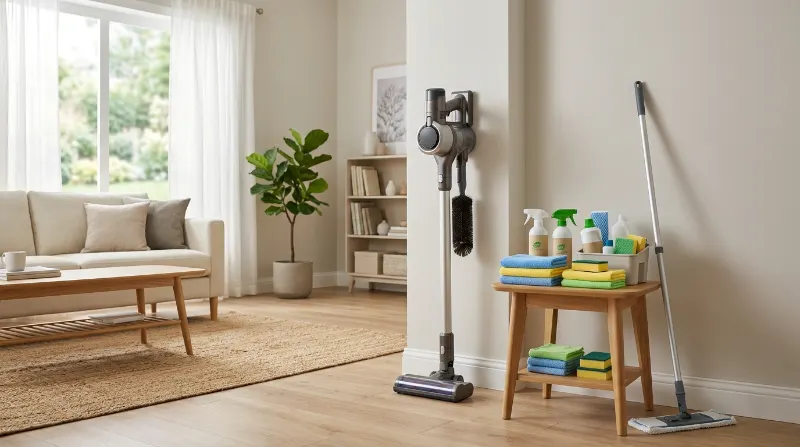 Cleaning supplies and a vacuum in a bright living room