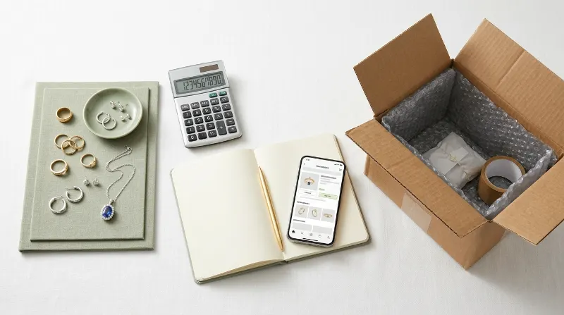Jewelry, calculator, notebook, smartphone, and shipping box arranged for a planned jewelry sale.