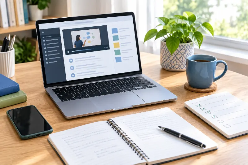 Laptop, notebook, and learning materials on a study desk.