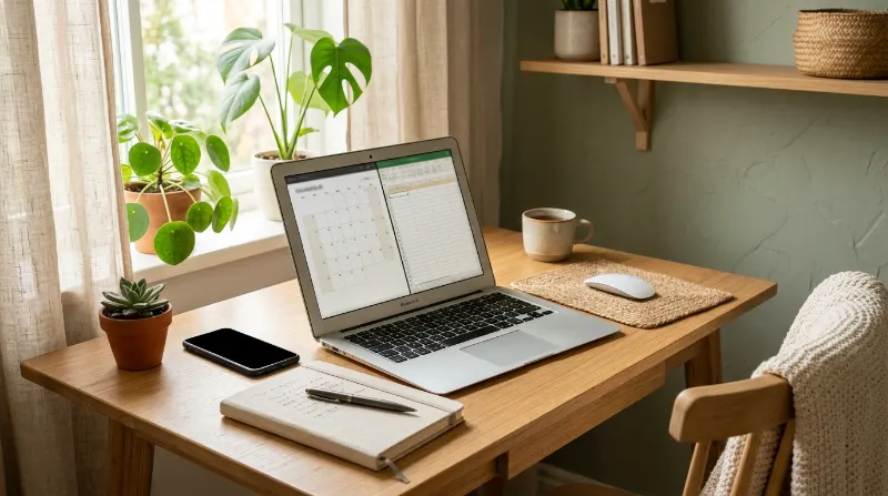 Laptop, notebook, smartphone, and organized desk for earning money through online freelance services.