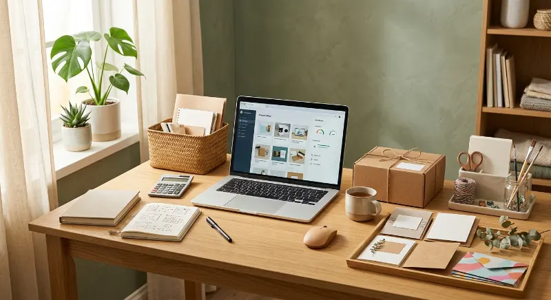 Organized home workspace with handmade products, packaging supplies, and a laptop for planning side hustles.