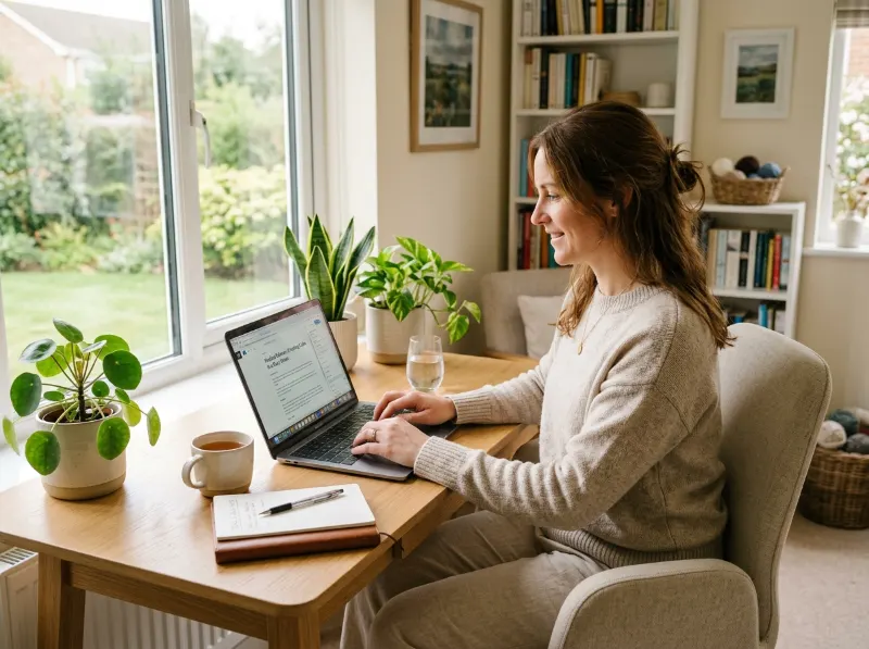  Stay-at-home mom writing a blog on a laptop at a home desk.