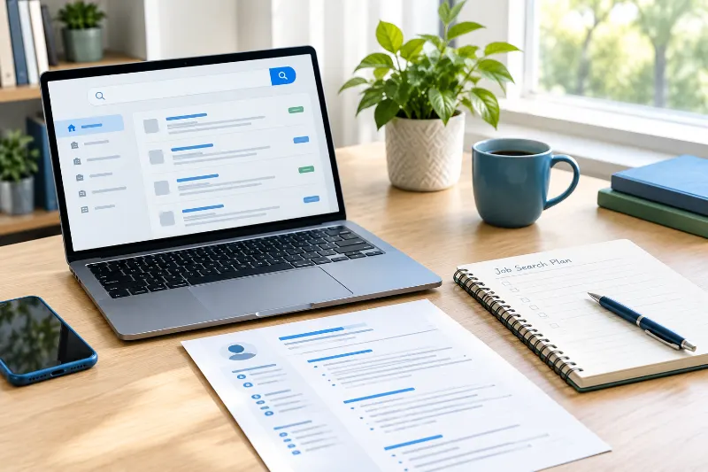 Laptop with a resume, notebook, and job-search checklist.