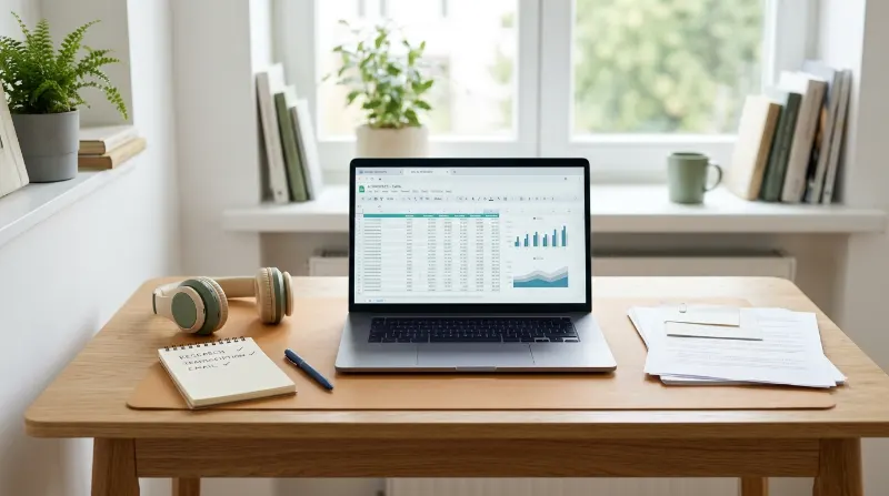 Laptop and office tools representing data entry, online research, transcription, and other remote jobs.
