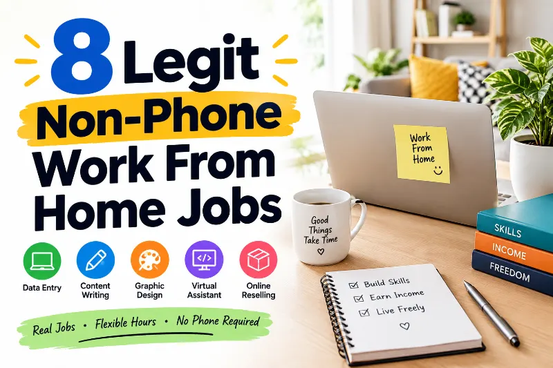 Non-phone work-from-home jobs featuring a laptop, notebook, headphones, and remote work tools.