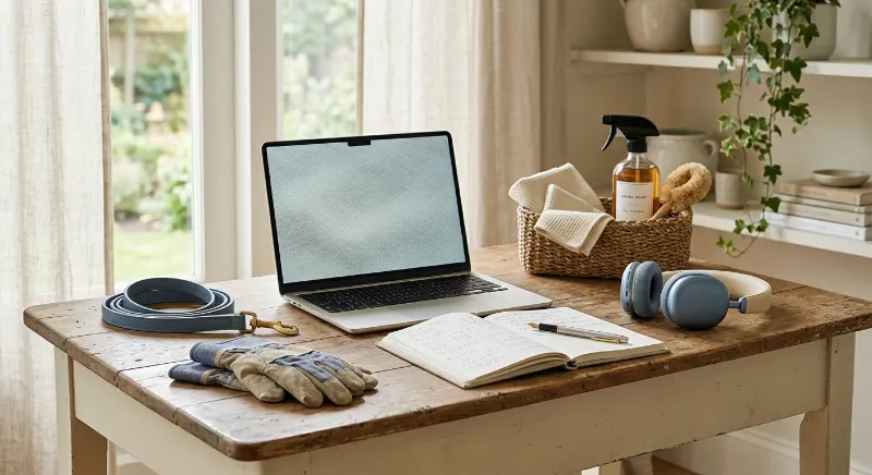 Laptop, study notes, and headphones arranged on a desk for online tutoring and remote work.