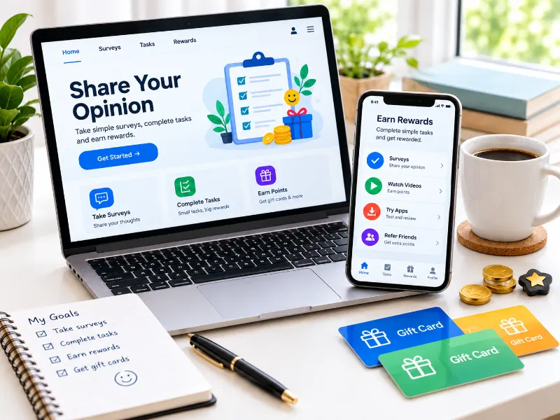 Laptop and smartphone showing online surveys and reward tasks for earning gift cards.