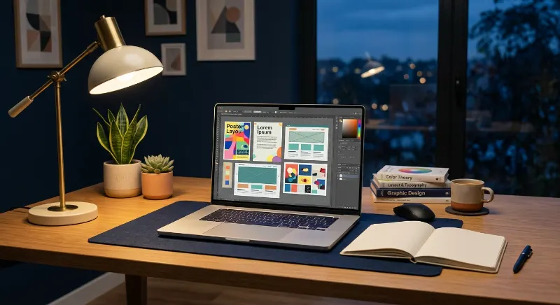 Home desk with a laptop displaying colorful graphic design layouts and a notebook for evening freelance work.