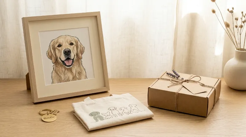 Custom pet portrait print and personalized pet accessories arranged as Etsy product ideas.