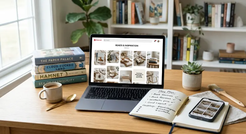 Laptop, smartphone, and books arranged for Pinterest book blog promotion.