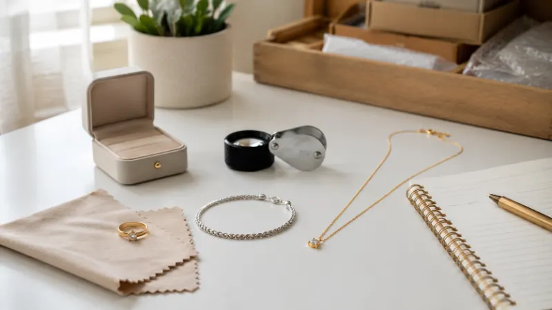 Gold and silver jewelry arranged with a cleaning cloth, loupe, and notebook before sale.