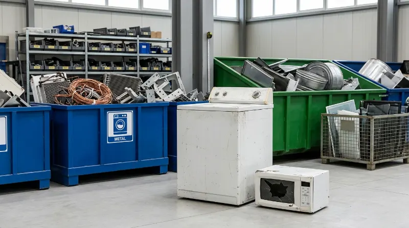 Broken household appliances prepared for responsible recycling.