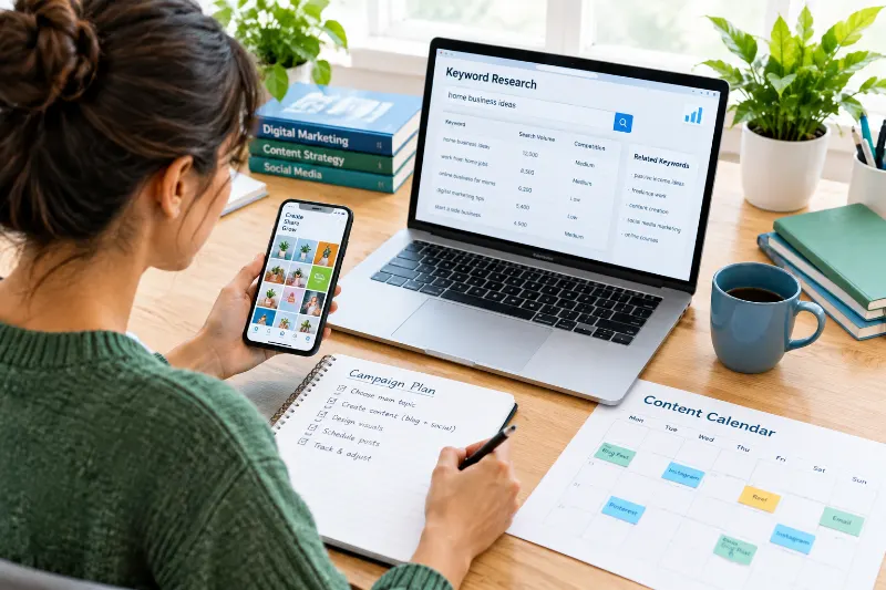 Home-based marketer reviewing SEO keywords and social media content on a laptop.