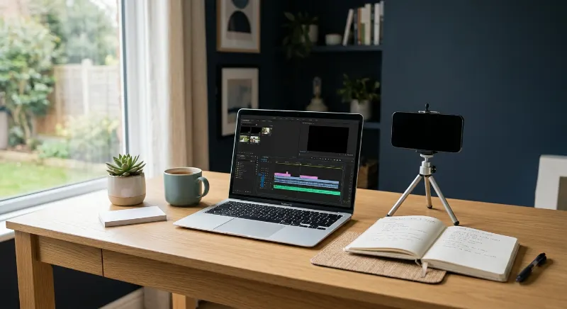 Beginner TikTok content creation setup with a smartphone, laptop, notebook, and simple filming equipment.