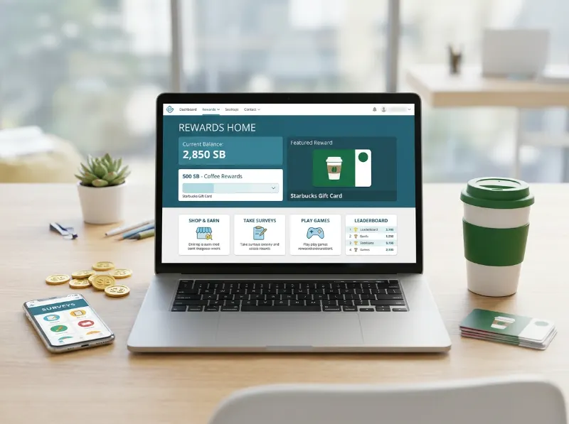 Swagbucks rewards dashboard showing ways to earn points for Starbucks gift cards.