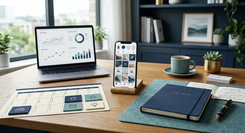 TikTok content planning workspace with a smartphone, video analytics, and a weekly publishing calendar.