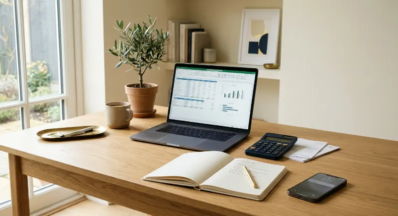 Home-office workspace for tracking TikTok income, business costs, and freelance earnings.