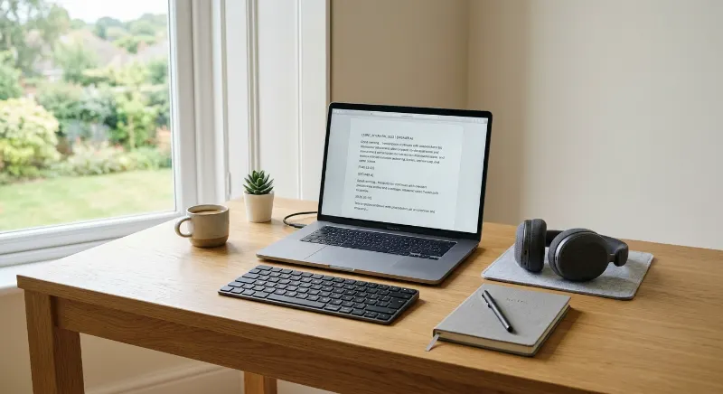 Headphones and laptop used to type audio recordings into text.