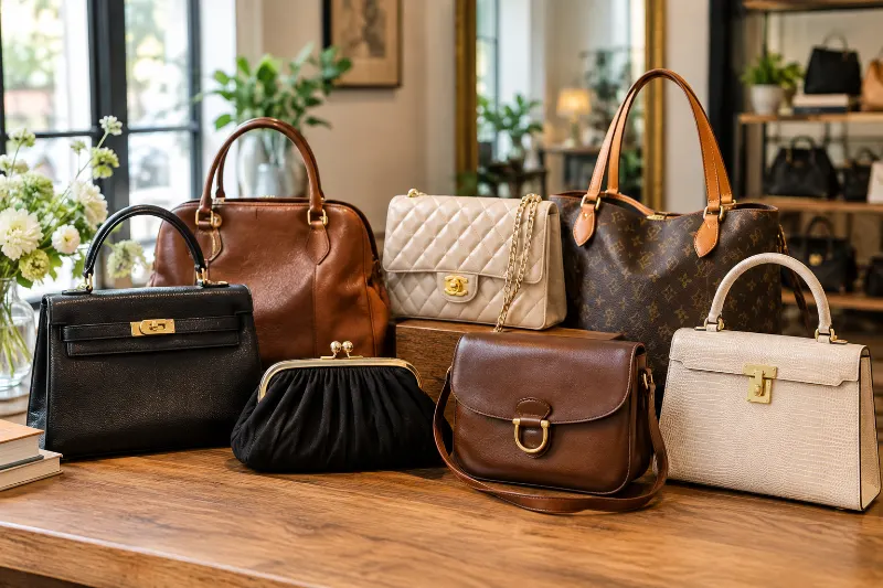 Vintage designer handbags and classic purses displayed for resale.