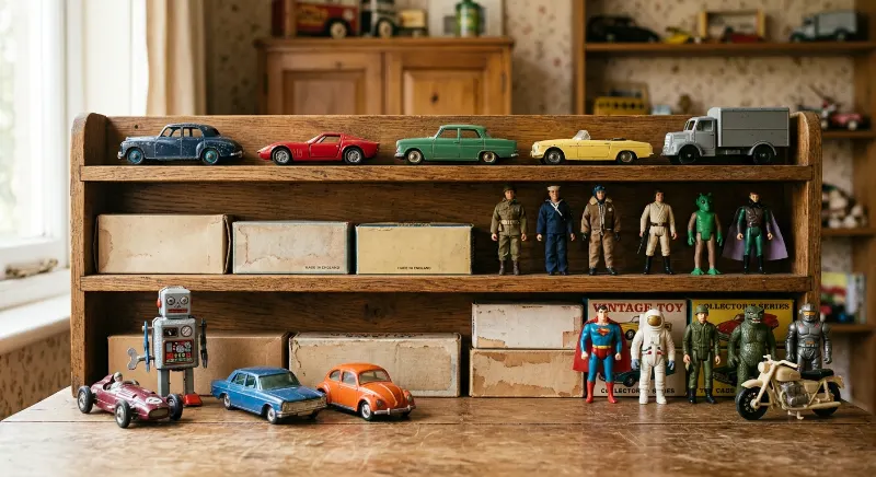Vintage action figures, classic toy cars, and collectible toys arranged for 