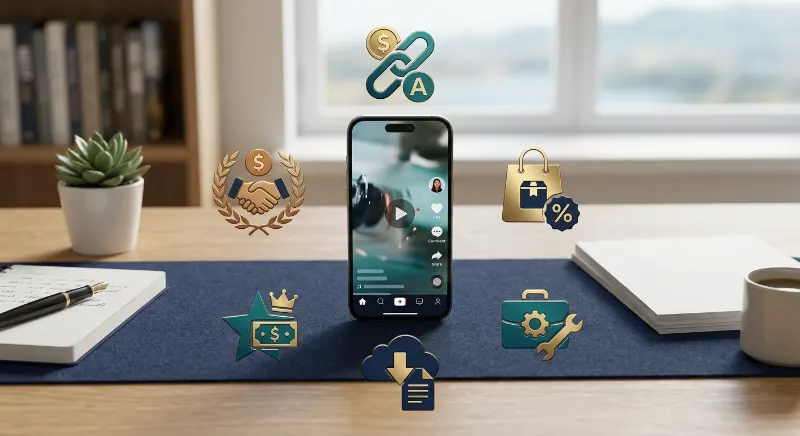Different ways to make money on TikTok, including affiliate marketing, brand partnerships, product sales, and freelance services.
