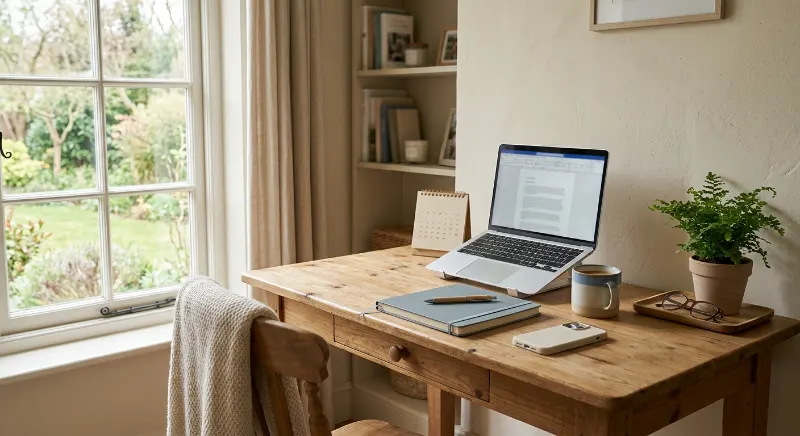  Home office setup for exploring flexible jobs and earning money from home.
